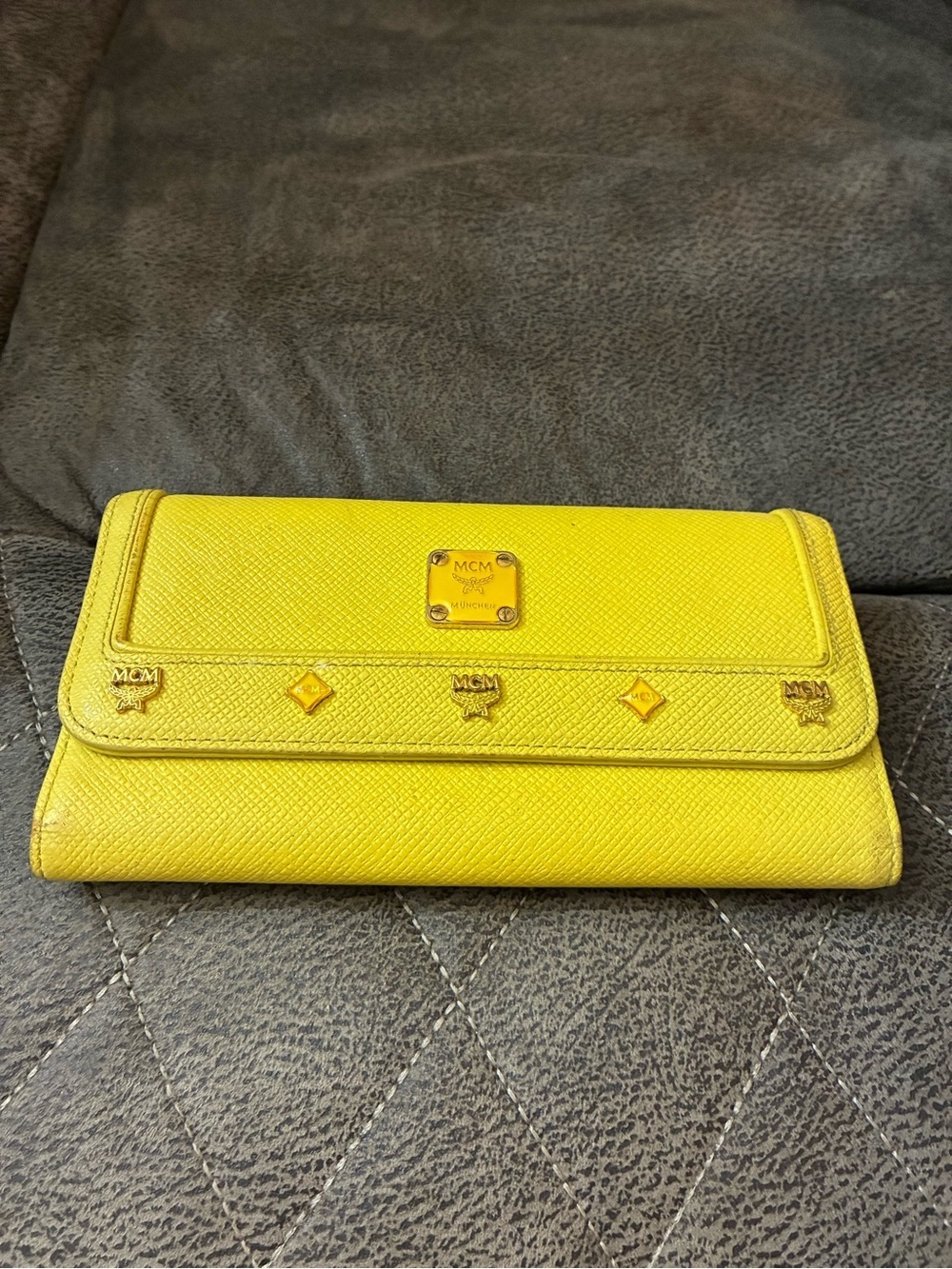 MCM Yellow Textured Leather Continental Wallet with Gold Logo Hardware